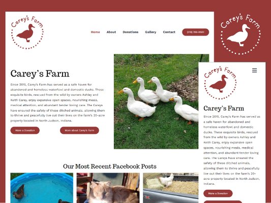 Website for Carey's Farm - The organization owner sought to create a website that was easy to use, featured their rescued animals in a gallery, and included a donations list. This established their online presence and set them up for their future marketing efforts. Website for Carey's Farm - The organization owner sought to create a website that was easy to use, featured their rescued animals in a gallery, and included a donations list. This established their online presence and set them up for their future marketing efforts.
