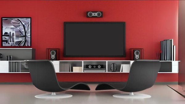 Wall-mounted speakers surround the big-screen TV with sound - Sample photos of TV wall mount installations and speaker setups.