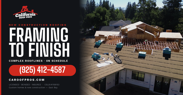 New Construction Roofing — Custom Home Dry-In | Danville, CA - New construction roofing on a custom home in Danville, from bare framing through full dry-in.

A roof like this one is decided before a single shingle goes down. Multiple intersecting hip and gable sections, a wide low-slope run over the wing, and dormers breaking up nearly every plane — the layout has to be planned off the framing or the courses won't line up when you get to the field. We sheathed the deck, ran underlayment across the entire structure, and got the building watertight before the trades inside needed it.

Staging matters as much as installation on a job this size. Bundles were distributed by plane and set on the ridges so crews weren't carrying weight across finished underlayment, and penetrations were flashed and sealed as we went rather than left for a second pass.

Finished with CertainTeed Landmark TL — a triple-laminate architectural shingle with the depth and shadow line of a much heavier roof.