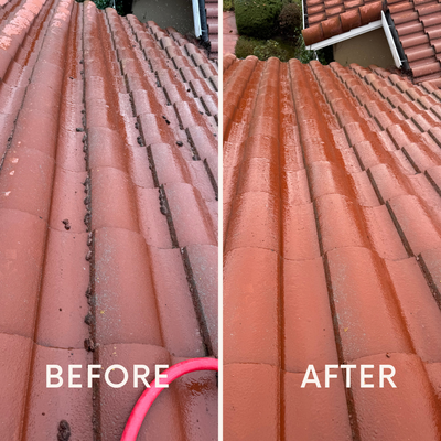 Roof cleaning to maintain insurance coverage - We recently helped a homeowner maintain their insurance coverage by cleaning their roof to remove moss and algae. Using our effective softwash technique, we thoroughly cleaned the roof without causing any damage to the tiles. The customer received before-and-after photos and a detailed report to submit to their insurance company, ensuring compliance with his policy requirements.