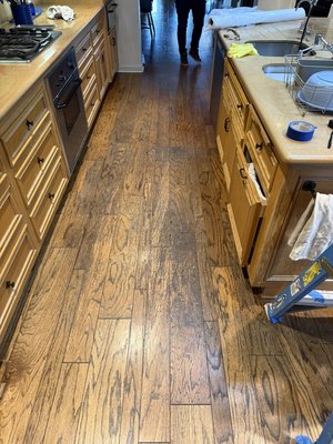 Kitchen hardwood floor refinishing - Here’s a strong, clean Yelp project description based on everything:

This project was a full hardwood floor refinishing in a kitchen area that had heavy stains, scratches, and visible wear.

We started by properly preparing the space, including full plastic protection to keep dust contained and protect the rest of the home. Then we performed professional sanding using advanced equipment to remove the old finish and bring the wood back to life.

After sanding, we completed a thorough cleanup to ensure a perfectly clean surface before finishing. We applied a custom stain to match the rest of the home, followed by 3 coats of water-based clear coat for long-term durability and protection.

The final result is a smooth, clean, and like-new floor that blends perfectly with the house and is built to last.