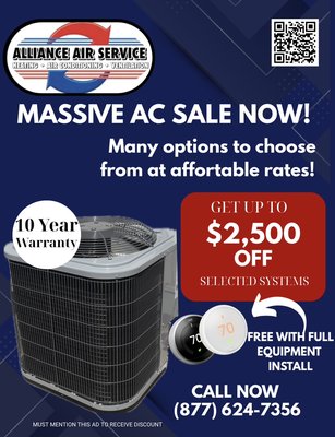 MASSIVE Sale on AC Systems! - We have a Massive sale going on for AC Systems! We offer many different options to fit any budget. We also provide a free Smart thermostat with full equipment installation! Don’t wait until the heat is here, get scheduled now to ensure and enjoy your home with the comfort of quality air and work with a HVAC company that you can trust! Call us today (877) 624- 7356 MASSIVE Sale on AC Systems! - We have a Massive sale going on for AC Systems! We offer many different options to fit any budget. We also provide a free Smart thermostat with full equipment installation! Don’t wait until the heat is here, get scheduled now to ensure and enjoy your home with the comfort of quality air and work with a HVAC company that you can trust! Call us today (877) 624- 7356