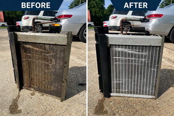 Evaporator Coil Clean and Restoration - A heavily impacted evaporator coil was deep cleaned to restore airflow, improve efficiency, and enhance overall system performance. The before-and-after photos show the results of proper HVAC maintenance. Evaporator Coil Clean and Restoration - A heavily impacted evaporator coil was deep cleaned to restore airflow, improve efficiency, and enhance overall system performance. The before-and-after photos show the results of proper HVAC maintenance.