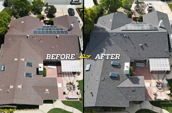 Re-Roof with Solar Fix - We installed a new roof using Presidential TL Solaris asphalt shingles in Shadow Gray. Solar panels had been installed (by another contractor) about 10 years ago on an aging roof. While the solar panels are still in great shape and efficiently producing energy, the roof underneath was at the end of its life and leaking. 

We uninstalled the solar panels, installed a new shingle roof, then used flashable brackets to reinstall the solar panels. This approach enabled us to provide a 25-year leak-free warranty through the manufacturer, and the new roof is both beautiful and powerful, with efficient energy production, superior protection from the elements, and elevated aesthetic appeal and value.