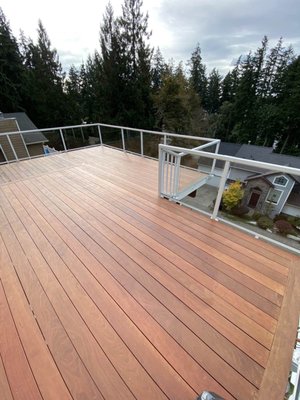 Deck on 2nd floor - Construct deck on 2-nd floor from natural wood Brazilian walnut. When properly cared for, it is not uncommon for this decking material to last 40-50 years or longer. Brazilian walnut  has a Janka hardness of 3,680 Ibs (more than triple the toughness of red oak)
