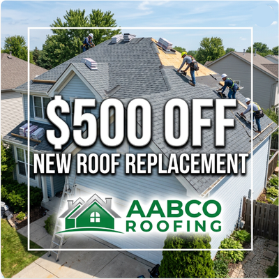 $500 Off New Roofing Replacement - Upgrade your home with a brand-new roof and save $500! AABCO Roofing offers expert roof replacement services, ensuring durability and peace of mind. Protect your investment with quality materials and skilled craftsmanship. Don't miss this limited-time offer to enhance your home's curb appeal and resilience against the elements. $500 Off New Roofing Replacement - Upgrade your home with a brand-new roof and save $500! AABCO Roofing offers expert roof replacement services, ensuring durability and peace of mind. Protect your investment with quality materials and skilled craftsmanship. Don't miss this limited-time offer to enhance your home's curb appeal and resilience against the elements.
