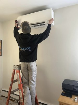 Ductless mini split - No duct work is needed. Instead, a head unit, or multiple head units, are mounted on an interior wall or ceiling, with an accompanying unit outside. Ductless mini split - No duct work is needed. Instead, a head unit, or multiple head units, are mounted on an interior wall or ceiling, with an accompanying unit outside.