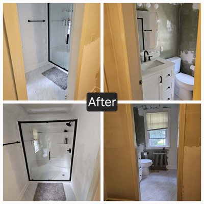 Bathroom Remodel 2024 - This bathroom was extended by removing the closet. We also added a new walk in shower, toilet, vanity and flooring. The paint is being done by another company. Bathroom Remodel 2024 - This bathroom was extended by removing the closet. We also added a new walk in shower, toilet, vanity and flooring. The paint is being done by another company.