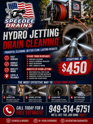 Hydro Jetting Drain cleaning Starting at $450 (949)514-6751 - A recurring sewer backup was caused by years of grease buildup, scale, sludge, and debris restricting the flow of the drain line. Traditional snaking provided only temporary relief, so our technicians recommended professional hydro jetting to fully restore the pipe.

Using commercial-grade hydro jetting equipment, we thoroughly cleaned the interior walls of the sewer line with high-pressure water, removing buildup, flushing debris, and restoring the pipe to near-original flow capacity. After cleaning, the line was inspected to verify proper drainage and overall pipe condition