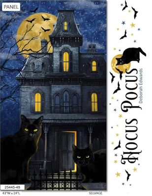 Northcott Hocus Pocus Haunted Houses Blue - Designed by Deborah Edwards for Northcott, the Hocus Pocus collection features a large 24" Haunted House and Black Cats Panel along with several coordinates including haunted houses, cats, bats, Halloween words, cat eyes, moons and star textures in shades of blue, cream, gold and black. Northcott Hocus Pocus Haunted Houses Blue - Designed by Deborah Edwards for Northcott, the Hocus Pocus collection features a large 24" Haunted House and Black Cats Panel along with several coordinates including haunted houses, cats, bats, Halloween words, cat eyes, moons and star textures in shades of blue, cream, gold and black.