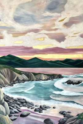 Painting Commission 4' x 6' - Harbor Sunset - This painting was commissioned in May 2024 for a customers mountain get away home. The client's request was for a work of art in a green, navy, coral palette incorporating mountains and the ocean. She was thrilled with the result. Turns out the skyline is in alignment with the actual horizon line outside the window where it will hang. It was a joy to build (custom made in studio) and create for her. She was so happy with the results. Painting Commission 4' x 6' - Harbor Sunset - This painting was commissioned in May 2024 for a customers mountain get away home. The client's request was for a work of art in a green, navy, coral palette incorporating mountains and the ocean. She was thrilled with the result. Turns out the skyline is in alignment with the actual horizon line outside the window where it will hang. It was a joy to build (custom made in studio) and create for her. She was so happy with the results.
