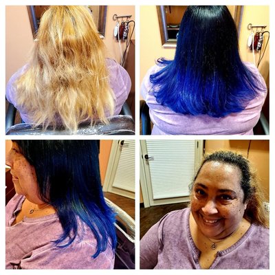 Corrective Fantasy Hair Color - My Client came in with broken damaged over processed bleached hair & wanted to look youthful but sexy. So I talked her into going back to her natural color with a twist. We put a little whimsical royal blue hair color underneath her black hair that would Pop out & look fun. Here's the results.
Call 321-277-3149 for your appointment today/ Corrective Fantasy Hair Color - My Client came in with broken damaged over processed bleached hair & wanted to look youthful but sexy. So I talked her into going back to her natural color with a twist. We put a little whimsical royal blue hair color underneath her black hair that would Pop out & look fun. Here's the results.
Call 321-277-3149 for your appointment today/