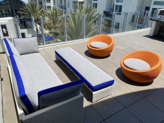 Private patio cushion - Navy blue does it and gray. Private patio cushion - Navy blue does it and gray.