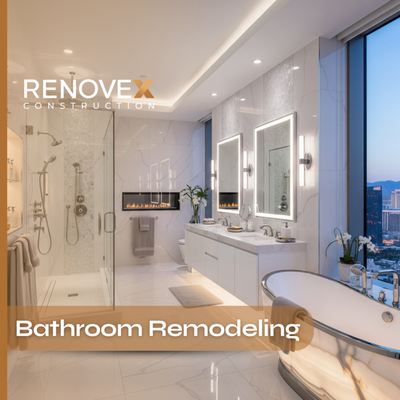 Bathroom Remodeling - RenoveX Construction is known for its ability to create amazing bathroom renovations in the Orange County area. What is your vision for your master en-suite or shared bathroom? Is it to create your own relaxing getaway spa inspired by a soaking tub, mini sauna, and walk-in shower?
Those looking to update or renovate a bathroom should consult one of our contractors to review the costs associated with a bathroom remodel. Enhance your bathroom design with a little planning and view some of our inspirational bathroom remodel ideas. Bathroom Remodeling - RenoveX Construction is known for its ability to create amazing bathroom renovations in the Orange County area. What is your vision for your master en-suite or shared bathroom? Is it to create your own relaxing getaway spa inspired by a soaking tub, mini sauna, and walk-in shower?
Those looking to update or renovate a bathroom should consult one of our contractors to review the costs associated with a bathroom remodel. Enhance your bathroom design with a little planning and view some of our inspirational bathroom remodel ideas.