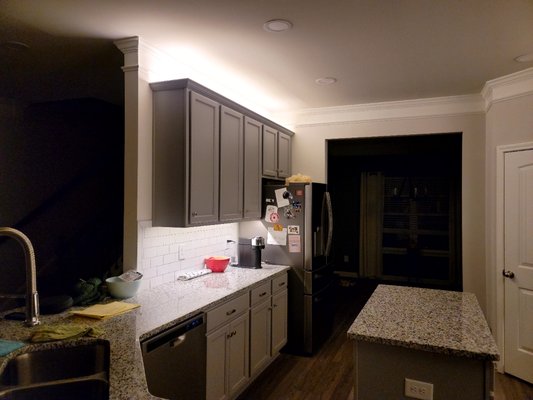 kitchen cabinet lighting - This customer wanted to add upper and lower cabinet lighting. Because the owners recently purchased this new construction home with the tile back splash installed prior to our arrival, the customer wanted to do minimal drywall damage. We decided that LED strip tape would be the best option for the scenario and the customer is in love with their kitchen now.
This install was a little out of the ordinary only because we typically would like to install a single switch location to control all of the lighting, and as stated above the home owner wanted minimal drywall damage. Our solution that we came to with the customers input was to install 2 Alexa controlled outlets to operate the lights making this install a smart home feature.
No 2 installs are the same, so if you would like to add cabinet lighting or replace old and dated cabinet lights with new LED cabinet lights, give us a call and we can come out and give you options to choose from and options to better suit your budget. kitchen cabinet lighting - This customer wanted to add upper and lower cabinet lighting. Because the owners recently purchased this new construction home with the tile back splash installed prior to our arrival, the customer wanted to do minimal drywall damage. We decided that LED strip tape would be the best option for the scenario and the customer is in love with their kitchen now.
This install was a little out of the ordinary only because we typically would like to install a single switch location to control all of the lighting, and as stated above the home owner wanted minimal drywall damage. Our solution that we came to with the customers input was to install 2 Alexa controlled outlets to operate the lights making this install a smart home feature.
No 2 installs are the same, so if you would like to add cabinet lighting or replace old and dated cabinet lights with new LED cabinet lights, give us a call and we can come out and give you options to choose from and options to better suit your budget.