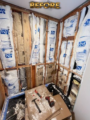 Walls in bathroom - Complete bathroom remodel — full wall demolition, waterproofing, recessed niche installation, new tile and grout, side-wall patching and painting, and shower curtain installation. Walls in bathroom - Complete bathroom remodel — full wall demolition, waterproofing, recessed niche installation, new tile and grout, side-wall patching and painting, and shower curtain installation.