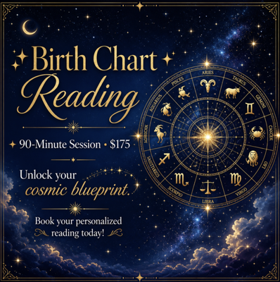 Birth Chart Reading - Unlock the secrets encoded in your unique birth chart! During this in-depth 90-minute session, we’ll explore the positions of the planets and stars at your moment of birth, revealing your strengths, talents, challenges, and life purpose. You’ll gain profound insights into your personality, patterns, and the timing of major life events. Whether you’re new to astrology or seeking deeper self-understanding, this session is your key to self-discovery and personal growth.
Call +18652424786 to book your birth chart reading today! Birth Chart Reading - Unlock the secrets encoded in your unique birth chart! During this in-depth 90-minute session, we’ll explore the positions of the planets and stars at your moment of birth, revealing your strengths, talents, challenges, and life purpose. You’ll gain profound insights into your personality, patterns, and the timing of major life events. Whether you’re new to astrology or seeking deeper self-understanding, this session is your key to self-discovery and personal growth.
Call +18652424786 to book your birth chart reading today!
