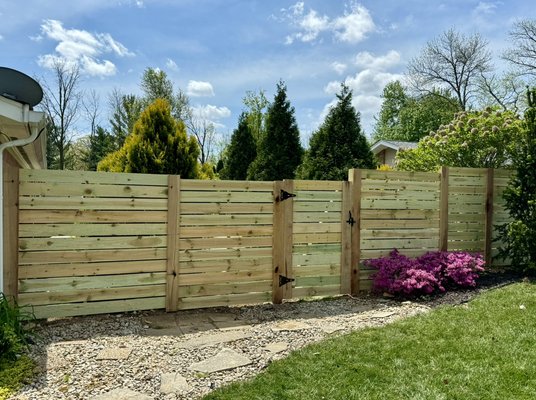Custom Horizontal Fence - For this project the homeowners went with a more unique and beautiful Horizontal Fence Design. We incorporated one 4ft walk gate and one 5ft walk gate to better accommodate a riding mower. With the change in grade for the yard, the fence was stair stepped for a more custom look. Homeowners were absolutely fantastic to work with Custom Horizontal Fence - For this project the homeowners went with a more unique and beautiful Horizontal Fence Design. We incorporated one 4ft walk gate and one 5ft walk gate to better accommodate a riding mower. With the change in grade for the yard, the fence was stair stepped for a more custom look. Homeowners were absolutely fantastic to work with
