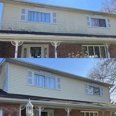 Siding wash with algae and moss removal - This wash was done with water only. We use biodegradable/bleach free cleaner, however the client only wanted us to use water. It turned out great!