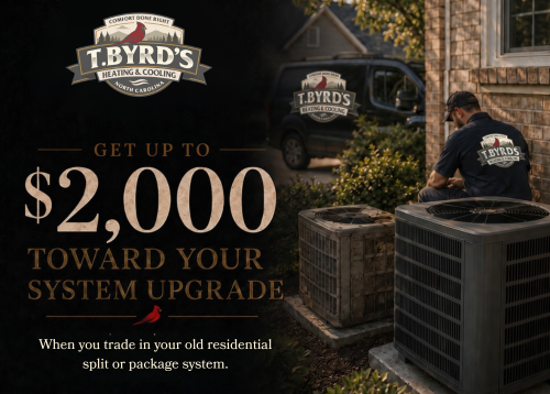 HVAC System Replacement & Installation - Replacing your heating and cooling system is a big decision, and it's not one that should be made based on guesswork. At T. Byrd's Heating & Cooling, we take a consultative approach to system replacement, helping homeowners understand their options and choose the right solution for their home, comfort goals, and budget.
Whether your current system is experiencing frequent breakdowns, struggling to keep your home comfortable, driving up energy bills, or nearing the end of its service life, our team is here to help you make an informed decision.
Our replacement process starts with understanding your home—not simply replacing your old equipment with whatever size happens to be there today. We evaluate system performance, airflow, ductwork, insulation impacts, and comfort concerns to help determine the best solution for your specific needs. Too many systems are oversized, undersized, or improperly matched, leading to comfort problems and unnecessary operating costs.
We don't guess, we test.
Our technicians take the time to assess your home's requirements and explain your options clearly. We'll review equipment efficiencies, operating costs, comfort features, indoor air quality enhancements, warranty coverage, and available financing options so you can choose the system that makes the most sense for your family.
We install a variety of residential comfort solutions, including:
• Central air conditioning systems
• High-efficiency air conditioners
• Heat pumps
• Dual-fuel systems
• Gas furnaces
• Electric heating systems
• Ductless mini-split systems
• Indoor air quality upgrades
• Smart thermostats and controls
Every installation is completed with attention to detail, proper commissioning, and system testing to ensure everything is operating correctly before we leave your home. We don't believe in rushing through installations. The quality of the installation has a major impact on comfort, reliability, efficiency, and equipment lifespan.
When your installation is complete, we'll walk you through system operation, maintenance recommendations, thermostat functions, and ways to get the most from your investment. Our goal is to make sure you feel confident in your new system from day one.
Many homeowners are surprised to learn that newer HVAC systems can provide more consistent temperatures, quieter operation, improved humidity control, better indoor air quality, and lower energy consumption compared to older equipment. A properly designed and installed system can improve comfort throughout your entire home while reducing the likelihood of unexpected breakdowns.
If your system is beyond economical repair or you're ready to upgrade your home's comfort and efficiency, T. Byrd's Heating & Cooling is here to help. We'll provide honest recommendations, transparent pricing, and professional installation backed by our commitment to Clean. Quality. Comfort.
Comfort Done Right.
= HVAC System Replacement & Installation - Replacing your heating and cooling system is a big decision, and it's not one that should be made based on guesswork. At T. Byrd's Heating & Cooling, we take a consultative approach to system replacement, helping homeowners understand their options and choose the right solution for their home, comfort goals, and budget.
Whether your current system is experiencing frequent breakdowns, struggling to keep your home comfortable, driving up energy bills, or nearing the end of its service life, our team is here to help you make an informed decision.
Our replacement process starts with understanding your home—not simply replacing your old equipment with whatever size happens to be there today. We evaluate system performance, airflow, ductwork, insulation impacts, and comfort concerns to help determine the best solution for your specific needs. Too many systems are oversized, undersized, or improperly matched, leading to comfort problems and unnecessary operating costs.
We don't guess, we test.
Our technicians take the time to assess your home's requirements and explain your options clearly. We'll review equipment efficiencies, operating costs, comfort features, indoor air quality enhancements, warranty coverage, and available financing options so you can choose the system that makes the most sense for your family.
We install a variety of residential comfort solutions, including:
• Central air conditioning systems
• High-efficiency air conditioners
• Heat pumps
• Dual-fuel systems
• Gas furnaces
• Electric heating systems
• Ductless mini-split systems
• Indoor air quality upgrades
• Smart thermostats and controls
Every installation is completed with attention to detail, proper commissioning, and system testing to ensure everything is operating correctly before we leave your home. We don't believe in rushing through installations. The quality of the installation has a major impact on comfort, reliability, efficiency, and equipment lifespan.
When your installation is complete, we'll walk you through system operation, maintenance recommendations, thermostat functions, and ways to get the most from your investment. Our goal is to make sure you feel confident in your new system from day one.
Many homeowners are surprised to learn that newer HVAC systems can provide more consistent temperatures, quieter operation, improved humidity control, better indoor air quality, and lower energy consumption compared to older equipment. A properly designed and installed system can improve comfort throughout your entire home while reducing the likelihood of unexpected breakdowns.
If your system is beyond economical repair or you're ready to upgrade your home's comfort and efficiency, T. Byrd's Heating & Cooling is here to help. We'll provide honest recommendations, transparent pricing, and professional installation backed by our commitment to Clean. Quality. Comfort.
Comfort Done Right.
=