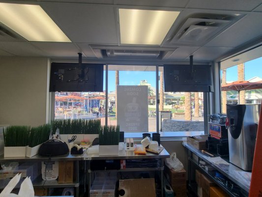 Restaurant Menu's! - These are two TV's used as menu's. They're mounted to the ceiling and are centered with the windows on the sides. Restaurant Menu's! - These are two TV's used as menu's. They're mounted to the ceiling and are centered with the windows on the sides.