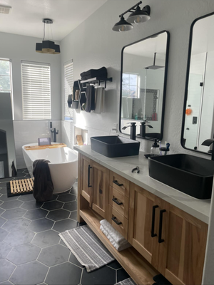 Master Bathroom remodel - This master bathroom remodel included: custom vanity, counter tops, hexagon tile, vessel sinks, & matte black features.