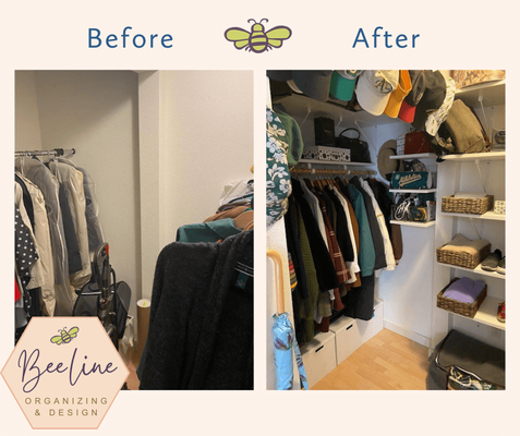Closet Design, Organization, & Repurposing - Does your closet stress you out every time you get dressed? Is it easy to find what you're looking for?
For Beeline, Closets are much more than a space to store your clothes.
Closets are a reflection of who you are and should empower you as you choose how to present yourself.
Closets have so much potential to organize your belongings, be it clothes and accessories, art supplies, toys, or linens.
We work with all shapes and sizes of closets, getting creative to install organizational systems that fit your space and style or to build out custom designs to suit your needs and budget.
If you have a closet that you can't keep tidy, reach out to Beeline today. We'll transform your chaotic closet into a peaceful oasis with a dash of organizational magic! Closet Design, Organization, & Repurposing - Does your closet stress you out every time you get dressed? Is it easy to find what you're looking for?
For Beeline, Closets are much more than a space to store your clothes.
Closets are a reflection of who you are and should empower you as you choose how to present yourself.
Closets have so much potential to organize your belongings, be it clothes and accessories, art supplies, toys, or linens.
We work with all shapes and sizes of closets, getting creative to install organizational systems that fit your space and style or to build out custom designs to suit your needs and budget.
If you have a closet that you can't keep tidy, reach out to Beeline today. We'll transform your chaotic closet into a peaceful oasis with a dash of organizational magic!