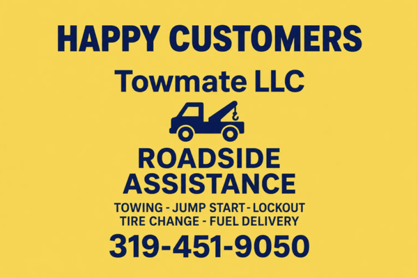 4.4 Rated Google Business - Reliable and professional towing services keep vehicles moving safely across Iowa City, IA, and the surrounding areas. Towmate has been in business for 2 years and specializes in towing for all types of vehicles, including heavy, medium, and light-duty vehicles, ensuring every transport is handled with care and efficiency. Our services extend beyond standard towing to include winching services, off-road recovery, and roadside support for unexpected vehicle troubles. Roadside emergencies can happen at any time, which is why we offer 24/7 roadside assistance. Drivers can rely on us for battery replacement, jump-starts, flat tire changes, and fuel delivery to prevent delays and get back on the road quickly. We also provide expert auto lockout services and car lockout services, giving clients peace of mind in the event they find themselves locked out of their vehicles. Towmate prioritizes professional service, safety, and customer satisfaction. 4.4 Rated Google Business - Reliable and professional towing services keep vehicles moving safely across Iowa City, IA, and the surrounding areas. Towmate has been in business for 2 years and specializes in towing for all types of vehicles, including heavy, medium, and light-duty vehicles, ensuring every transport is handled with care and efficiency. Our services extend beyond standard towing to include winching services, off-road recovery, and roadside support for unexpected vehicle troubles. Roadside emergencies can happen at any time, which is why we offer 24/7 roadside assistance. Drivers can rely on us for battery replacement, jump-starts, flat tire changes, and fuel delivery to prevent delays and get back on the road quickly. We also provide expert auto lockout services and car lockout services, giving clients peace of mind in the event they find themselves locked out of their vehicles. Towmate prioritizes professional service, safety, and customer satisfaction.