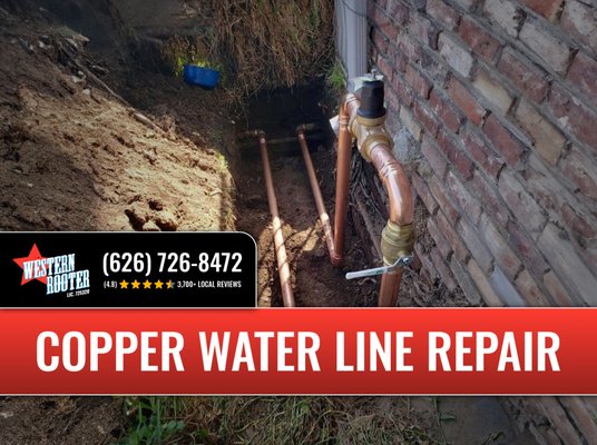 Copper Water Line Repair - Copper pipe is ideal for ½ inch and 3 inch water supply lines leading from the main water supply pipe to household sinks and toilets. Western Rooter recommends copper, it’s a plumber’s favorite, because it does not rust and is very reliable. However, nothing lasts forever, and even pinhole leaks appear over time. We can repair those pin-hole leaks for you, no problem. Copper Water Line Repair - Copper pipe is ideal for ½ inch and 3 inch water supply lines leading from the main water supply pipe to household sinks and toilets. Western Rooter recommends copper, it’s a plumber’s favorite, because it does not rust and is very reliable. However, nothing lasts forever, and even pinhole leaks appear over time. We can repair those pin-hole leaks for you, no problem.