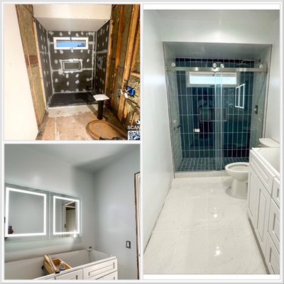 Bathroom remodel - F
⸻

Full Bathroom Remodel:
This project was a complete transformation from the ground up. We removed the old tub, repaired damaged floor joists, replaced the subfloor, and rerouted the toilet plumbing. The ceiling was raised, new insulation installed, and the shower layout and plumbing were reconfigured. We added new drywall, updated doors, and rerouted the AC ducting that was previously on the ceiling. Recessed lighting and additional fixtures were installed to brighten the space. A heavy-duty recessed medicine cabinet was built into the wall, along with new cabinetry for storage. The shower and floor were finished with custom tile work. Aside from countertops and back window & glass, every detail was completed to create a modern, functional, and seamless bathroom remodel.