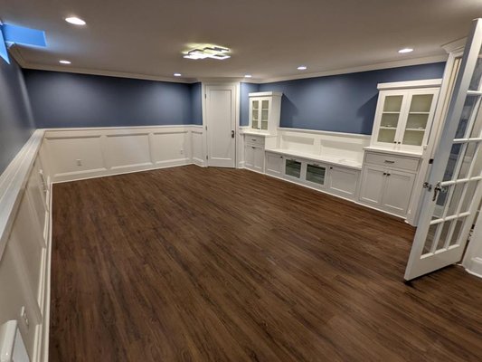 Theater/TV Room - This project turned unused basement space into a stunning and comfortable theater/TV room, perfect for entertaining friends or family, or just hanging out. The blue walls with white built-ins and trim are the perfect blend of style and a comfortable atmosphere! Theater/TV Room - This project turned unused basement space into a stunning and comfortable theater/TV room, perfect for entertaining friends or family, or just hanging out. The blue walls with white built-ins and trim are the perfect blend of style and a comfortable atmosphere!