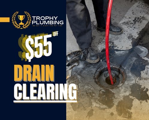 $50 OFF DRAIN CLEARING!! - If you need drain clearing services, rely on Trophy Plumbing for expert help at a fair price. Our licensed technicians are skilled, knowledgeable, and equipped with the right tools to resolve your drain issues promptly. We are thoroughly background checked, certified, and insured. $50 OFF DRAIN CLEARING!! - If you need drain clearing services, rely on Trophy Plumbing for expert help at a fair price. Our licensed technicians are skilled, knowledgeable, and equipped with the right tools to resolve your drain issues promptly. We are thoroughly background checked, certified, and insured.
