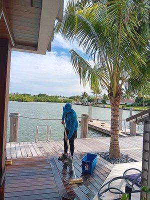 Mansion cleaning - Had a pleasure to serve one of our high end clients in Port Royal. Before his arrival to his summer home, our team was requested to thoroughly wash, scrub and clean the backyard and boat decks. We could of used only ECO friendly cleaning ingredients due to home being right on the water and expensive landscaping plants surrounding all areas. A lot of hours and elbow grease was used to make the backyard and docks look spotless. It was a pleasure working for great customer. Mansion cleaning - Had a pleasure to serve one of our high end clients in Port Royal. Before his arrival to his summer home, our team was requested to thoroughly wash, scrub and clean the backyard and boat decks. We could of used only ECO friendly cleaning ingredients due to home being right on the water and expensive landscaping plants surrounding all areas. A lot of hours and elbow grease was used to make the backyard and docks look spotless. It was a pleasure working for great customer.