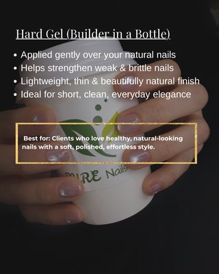HARD GEL - Pure Nail Spa offers the perfect Hard Gel service for those seeking strong, durable nails while maintaining a natural look. Hard Gel is an ideal choice for adding length and strength to your nails, whether you prefer simple styles or intricate artistic designs.
We use only high-quality Hard Gel products to ensure your nails not only look stunning but are also well-protected and cared for. With our team of professional technicians, we bring your ideas to life, giving you confidence and a style that’s uniquely yours. HARD GEL - Pure Nail Spa offers the perfect Hard Gel service for those seeking strong, durable nails while maintaining a natural look. Hard Gel is an ideal choice for adding length and strength to your nails, whether you prefer simple styles or intricate artistic designs.
We use only high-quality Hard Gel products to ensure your nails not only look stunning but are also well-protected and cared for. With our team of professional technicians, we bring your ideas to life, giving you confidence and a style that’s uniquely yours.