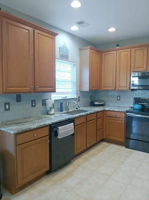 Cabinet repaint 2023 - This repaint was for a local business owner who wanted his kitchen cabinets repainted. He expected a perfect finish and had to meet his standards since he owned a painting company as well. After completing the job we received a 5 star review and came highly recommended to his clients. Cabinet repaint 2023 - This repaint was for a local business owner who wanted his kitchen cabinets repainted. He expected a perfect finish and had to meet his standards since he owned a painting company as well. After completing the job we received a 5 star review and came highly recommended to his clients.