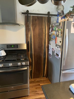 Keith hen barn door and flooring refinish project - Kitchen to bathroom door was tired and needed updating along with flooring refinished Keith hen barn door and flooring refinish project - Kitchen to bathroom door was tired and needed updating along with flooring refinished