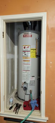 50 Gallon Gas Water heater Installation - We removed old 50-gallon gas water heater and replaced with new water heater. Old water heater was full of sediment. We installed a new expansion tank and hard piped it in. 50 Gallon Gas Water heater Installation - We removed old 50-gallon gas water heater and replaced with new water heater. Old water heater was full of sediment. We installed a new expansion tank and hard piped it in.