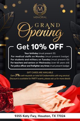 Milano Nail Spa Memorial - SPECIAL OFFER - SPECIAL OFFERS 
1. Get 10% OFF your birthday (Must present ID)
2. Get 10% OFF for Medical Staff on Monday (Must present Badge)
3. Get 10% OFF for students and military on Tuesday (Must present ID)
4. Get 10% OFF for Teachers and Seniors (Over 65 years old on Wednesday)
5. Get 10% OFF for Police Officers and Firefighter any time (Must present Badge)
6. Earn 3% cash rewards on total bill (redeemable with any service)
7. Discount is available for PARTY events, please ask us for more details
8. Gift cards are available
10 days guarantee for shellac, dipping, and nails services 
***Please be advised that all promotions and discounts can not be combined. Only one can be applied per visit.
