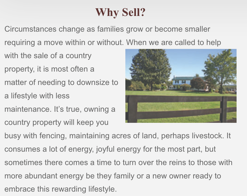 Selling Your Property? - As property owners, you are already aware of the superb quality of life we have here, and in nearly thirty years of selling real estate in the Charlottesville area, I have never once heard as a reason for selling, “I don’t like living here.” Selling Your Property? - As property owners, you are already aware of the superb quality of life we have here, and in nearly thirty years of selling real estate in the Charlottesville area, I have never once heard as a reason for selling, “I don’t like living here.”