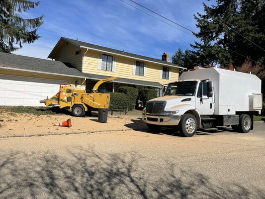 Getting work done at a large removal project! - Removal of two trees for a customer that had close proximity to a home, power lines and gardens. Rigging was required to ensure no damage to any surrounding structure!