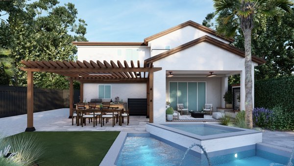 Los Gatos Backyard redesign - Ideal for entertaining, this redesign included a large deck and dining patio, outdoor kitchen and bar, e and custom pool with water features. Los Gatos Backyard redesign - Ideal for entertaining, this redesign included a large deck and dining patio, outdoor kitchen and bar, e and custom pool with water features.