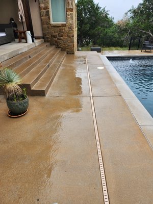 Pool deck cleaning and patios. - when we clean pool de k and patios, we use 180-degree hot water, which helps lift deep grime and dirt, but at the same time, it will be sanitizing as well.