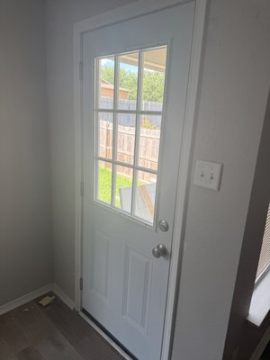 Door Installation - This door was replaced after a break in and wall repaired from rock that was thrown through window. Door Installation - This door was replaced after a break in and wall repaired from rock that was thrown through window.