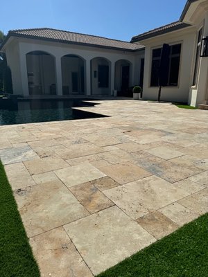 Travertine Paver Seal - This travertine pool deck had never been sealed. We applied a high gloss finish sealer with grip added to the mix for a slightly textured, non-slippery surface. Travertine Paver Seal - This travertine pool deck had never been sealed. We applied a high gloss finish sealer with grip added to the mix for a slightly textured, non-slippery surface.