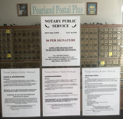 Notary - We have Notary Public service available 9-5pm on weekdays and 10-1pm on Saturday.
Standard Notary cost is $6 per signature.
We are happy to review your notary requests, however, because we do not practice law we are unable to prepare documents or give legal advise to customers.
We do not provide addition witnesses on top of notary service.
We limit our notary service to 2 per transaction so we can best serve all of our customers. Notary - We have Notary Public service available 9-5pm on weekdays and 10-1pm on Saturday.
Standard Notary cost is $6 per signature.
We are happy to review your notary requests, however, because we do not practice law we are unable to prepare documents or give legal advise to customers.
We do not provide addition witnesses on top of notary service.
We limit our notary service to 2 per transaction so we can best serve all of our customers.
