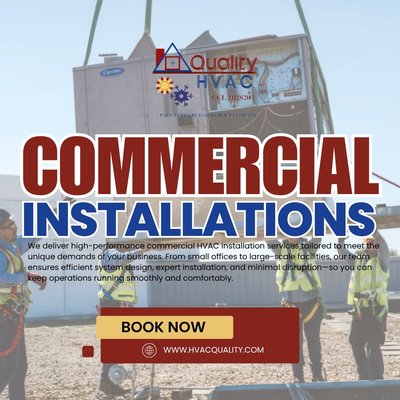 Commercial Installations - Ensure optimal performance and comfort for your business with Quality HVAC's specialized Commercial Installation services. We deliver high-performance commercial HVAC solutions designed to meet the unique demands of businesses in San Francisco, Daly City, and the wider Bay Area. 

From small offices to large-scale facilities and critical environments like server rooms, our team provides expert system design and installation. Our goal is to minimize downtime and disruption to your operations while ensuring a safe, comfortable, and efficient business environment. As a licensed C-20 HVAC and B General Contractor, we bring a comprehensive approach to every commercial project, ensuring the highest quality work from planning to completion.

We understand that fast and reliable service matters, especially when it comes to your commercial HVAC needs. Trust Quality HVAC for professional, efficient, and tailored commercial installations that empower your business to operate smoothly and comfortably, year-round.