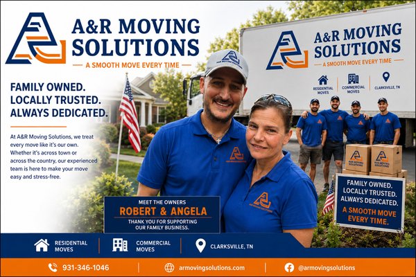 Meet Angela & Robert 👋
We’re Angela & Robert, the husband-and-wife team behind A&R Moving Solutions! - Meet Angela & Robert

The husband-and-wife team behind A&R Moving Solutions.

As owners and operators, Angela and Robert take pride in providing honest, dependable, and professional moving services to families and businesses throughout Clarksville, Middle Tennessee, and beyond.

What started as a commitment to helping people during one of life’s most stressful events has grown into a family-owned and operated company built on hard work, integrity, and exceptional customer service. Every move is treated as if it were their own, with attention to detail, care for belongings, and a focus on making the moving process as smooth and stress-free as possible.

When you choose A&R Moving Solutions, you’re not hiring a large corporate moving company—you’re working directly with a local family that genuinely cares about its customers and community.

Whether you’re moving across town or across the state, Angela and Robert are committed to delivering:

✅ Reliable Service
✅ Honest Pricing
✅ Professional Movers
✅ 100% Protection Included
✅ A Smooth Move Every Time

Thank you for supporting our family-owned business. We look forward to helping with your next move!

📞 931-346-1046
🌐 armovingsolutions.com