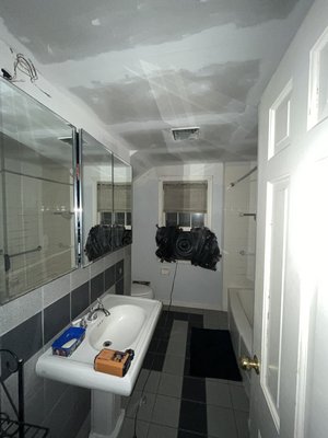Bathroom Drywall Repair and Installation - This one was a lot of fun. Incredibly satisfying to help my favorite neighbors out with something that had been bothering them for years! There was a gaping hole in the ceiling and a lot of damaged drywall along the walls behind the toilet.
Some hard work, determination, and a lot of mud led to a bathroom she could feel proud of again :) Bathroom Drywall Repair and Installation - This one was a lot of fun. Incredibly satisfying to help my favorite neighbors out with something that had been bothering them for years! There was a gaping hole in the ceiling and a lot of damaged drywall along the walls behind the toilet.
Some hard work, determination, and a lot of mud led to a bathroom she could feel proud of again :)
