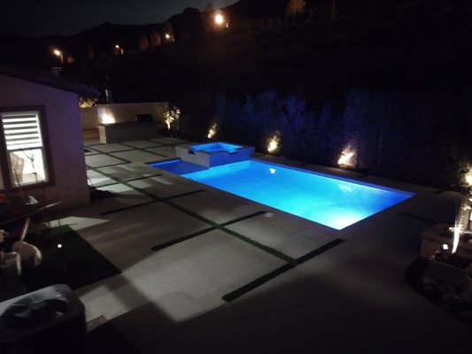 custom modern style rectangle pool and spa - this is a full build pool and spa along with custom bbq and landscaping project ,