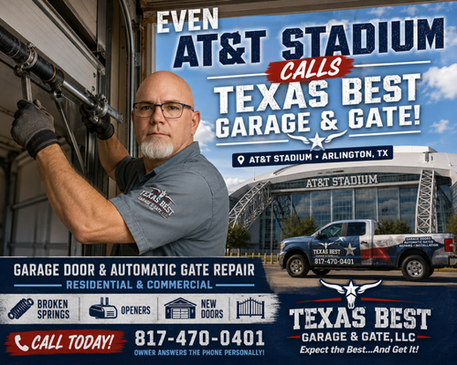Trusted Vendor for the Dallas Cowboys! - Serving the Entire DFW Metroplex
Garage Door & Gate Repair and Installation Experts — Fast Service, Local Technicians, Guaranteed Results. Trusted Vendor for the Dallas Cowboys! - Serving the Entire DFW Metroplex
Garage Door & Gate Repair and Installation Experts — Fast Service, Local Technicians, Guaranteed Results.